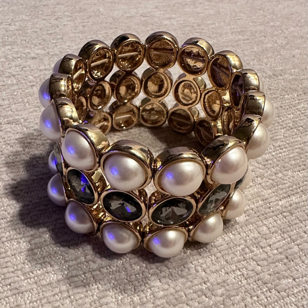 Ann Taylor Gold Tone, Faux Pearl & Smoky Gray Rhinestone Stretch Bracelet